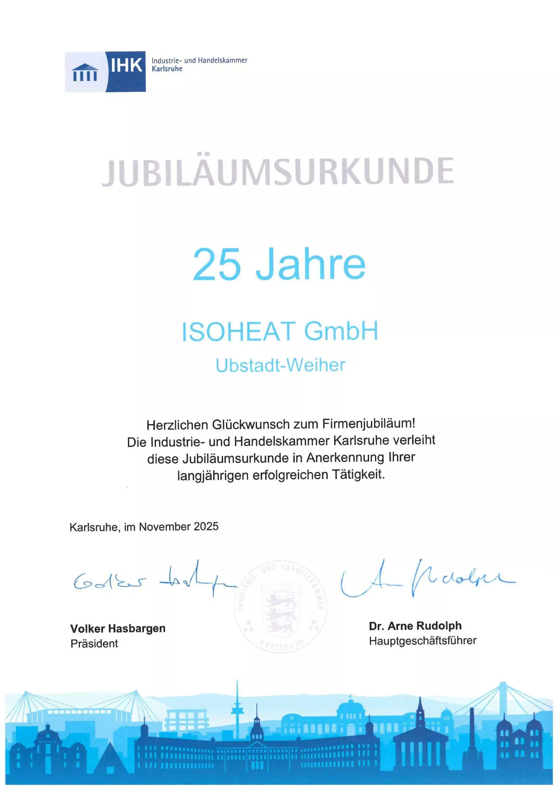 Jubiläumsurkunde IHK Karlsruhe für 25 Jahre ISOHEAT GmbH